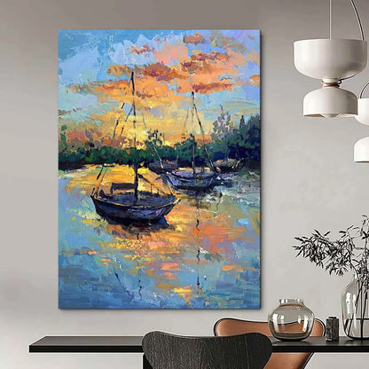“Harbor Glow: Boats in Golden Light” - Impasto Landscape Oil on Canvas CT1894