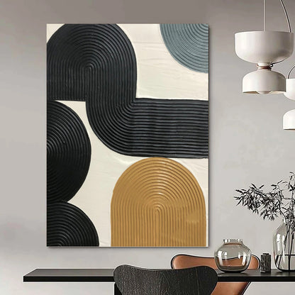 “Interlocking Ribbon Forms” - Black & Tan Textured Geometric Painting On Canvas DKH1178