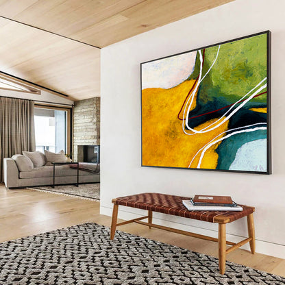 “Yellow - Green with Curved Lines” Abstract Acrylic Painting On Canvas DKH551