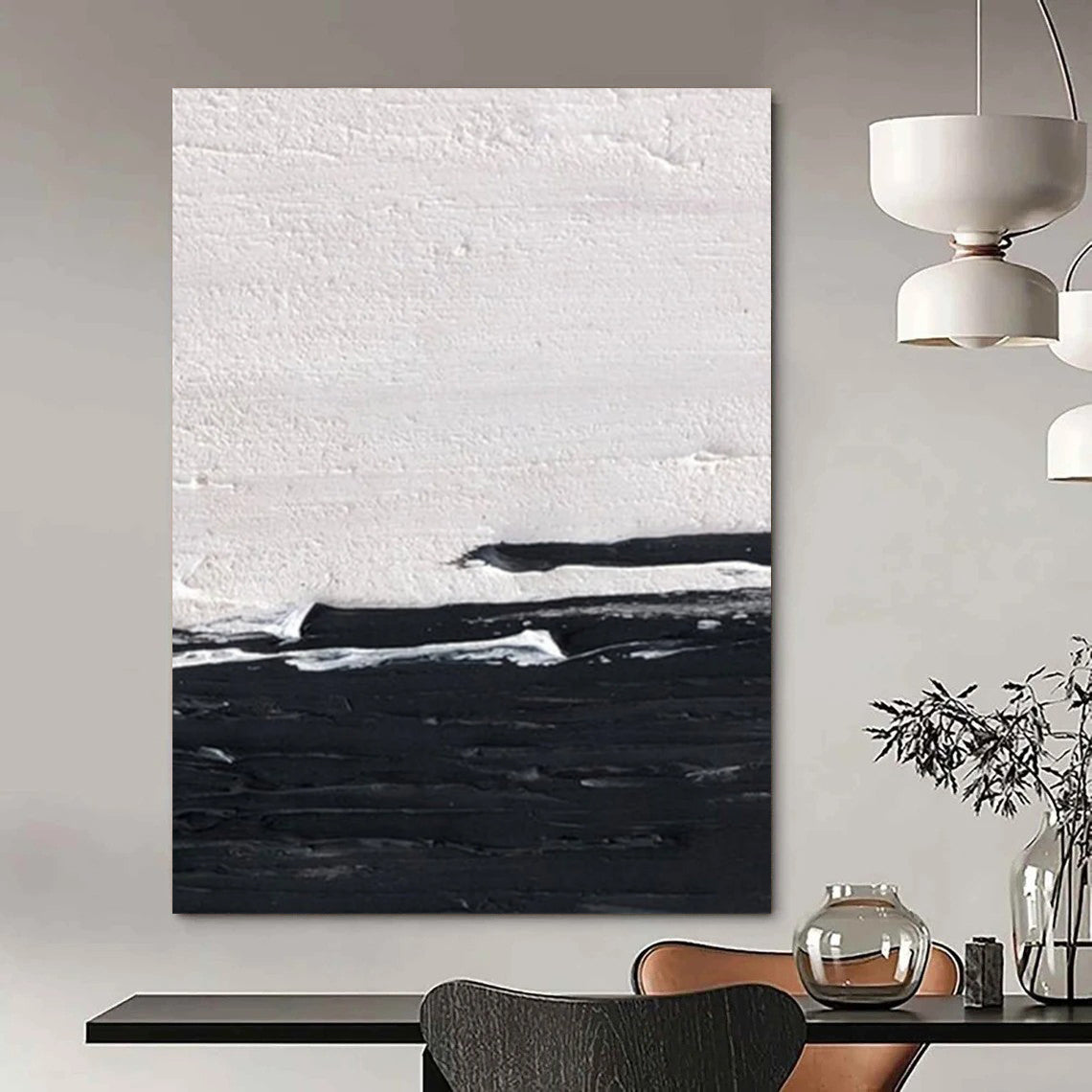 “Black, White Minimalist ‘Silent Horizon’” - Impasto Abstract Painting On Canvas DTP402