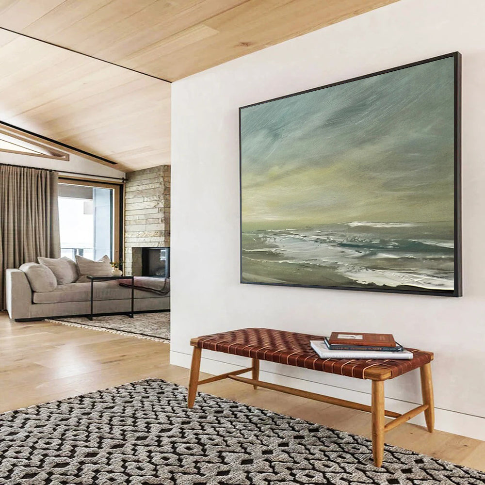 “Green, Gray, Coastal Breeze ‘Muted Shore’” - Impressionist Seascape Painting On Canvas DLZ027