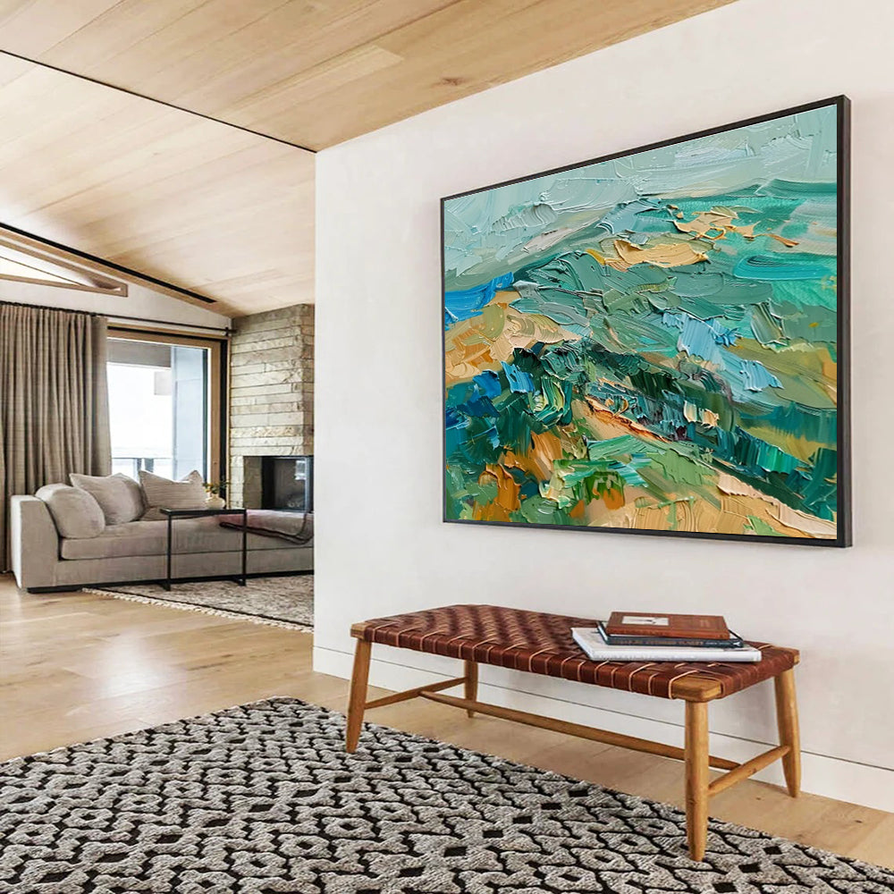 “Turquoise & Green Textured Landscape” Impasto Oil Painting On Canvas DKH341