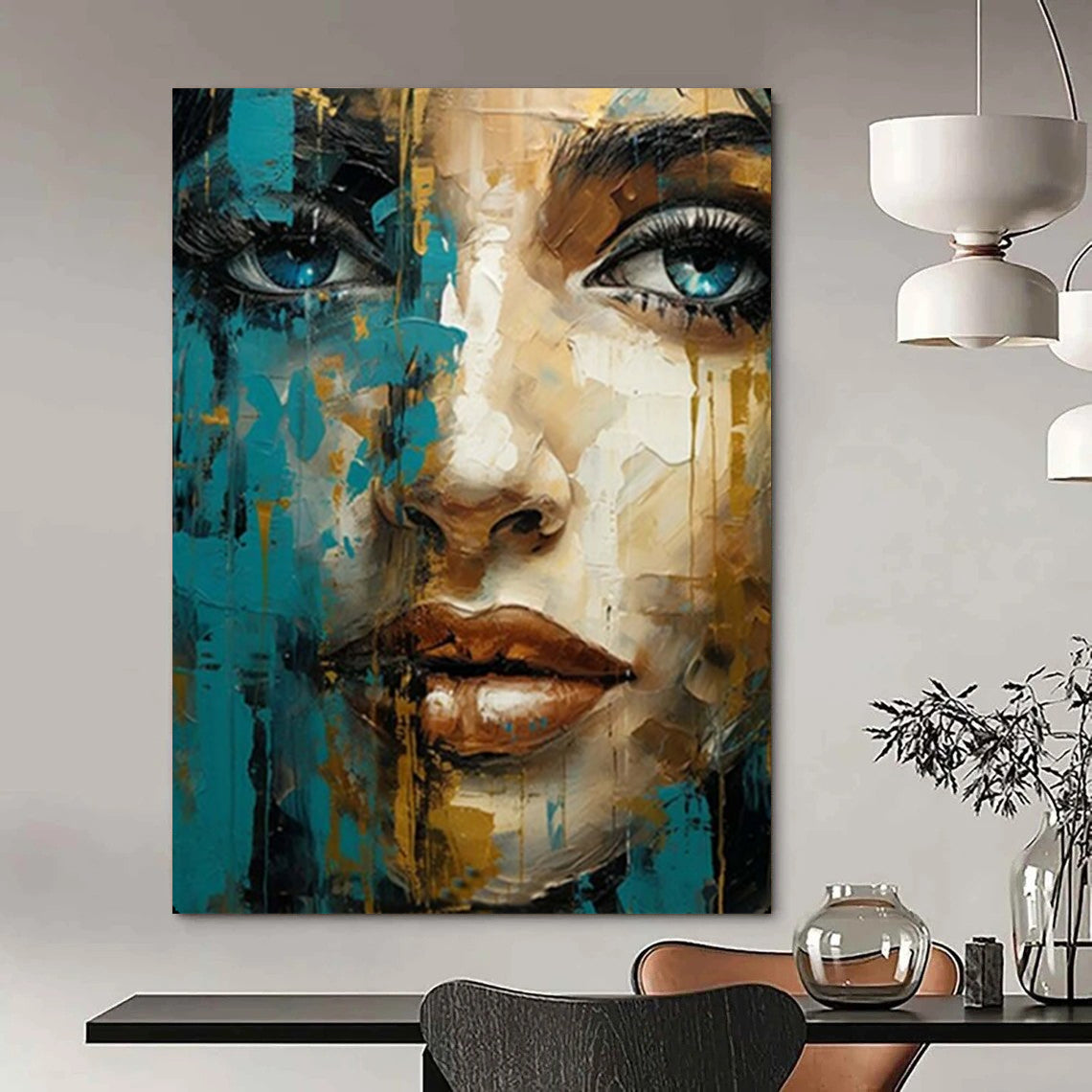 “Blue and Gold Abstract Portrait” – Expressive Oil Painting On Canvas CT2132