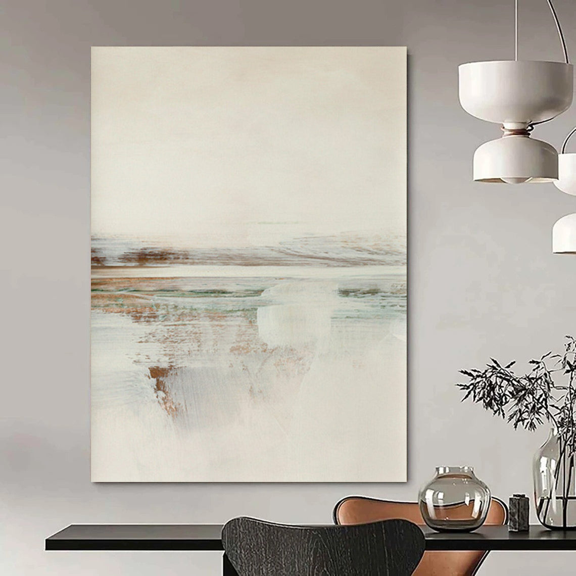 “Soft Tones Coastal View” - Beige, Blue, Green Abstract Landscape Painting On Canvas DTP225
