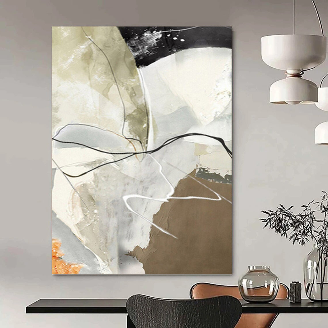 “Neutral & Black Abstract Lines” - Beige, Gray, Black & White Abstract Painting On Canvas DKH1225