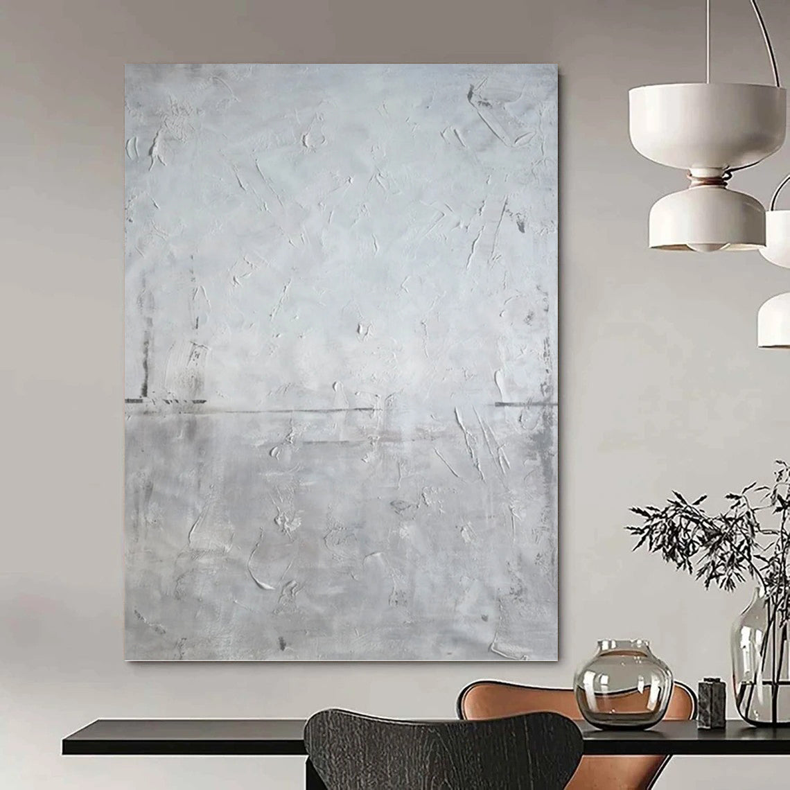 “White Textured Stillness” - Gray & White Minimalist Textured Painting On Canvas DKH1581