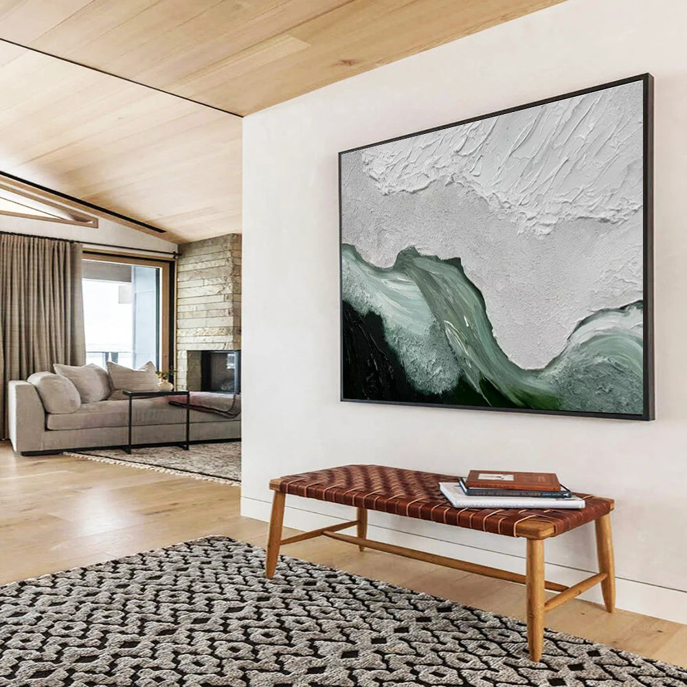 “Textured White & Teal Waves” - White, Teal, Green Impasto Abstract Painting On Canvas DKH744