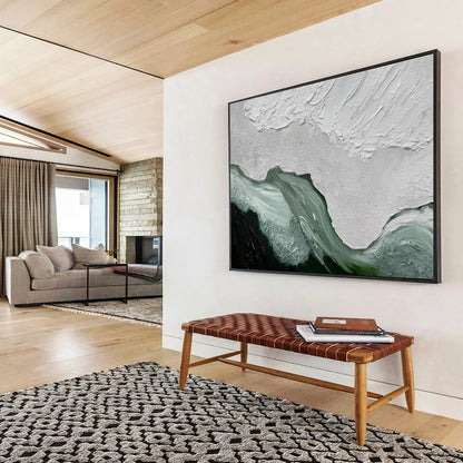 “Textured White & Teal Waves” - White, Teal, Green Impasto Abstract Painting On Canvas DKH744