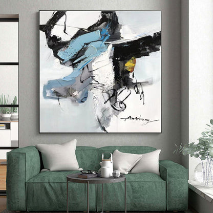 Blue, Black, White, Yellow & Gray Abstract Forms, “Energetic Balance” - Impasto Abstract Painting CT0782
