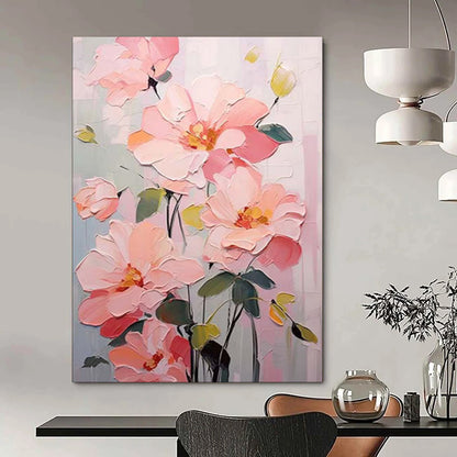 “Blush Blooms: Textured Floral Acrylic on Canvas” - Impasto Botanical Art CT1905