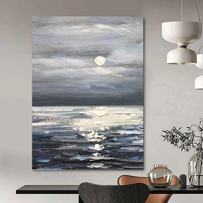 Moonlit Ocean in Gray and Blue - Impressionistic Seascape Painting On Canvas DKH1293