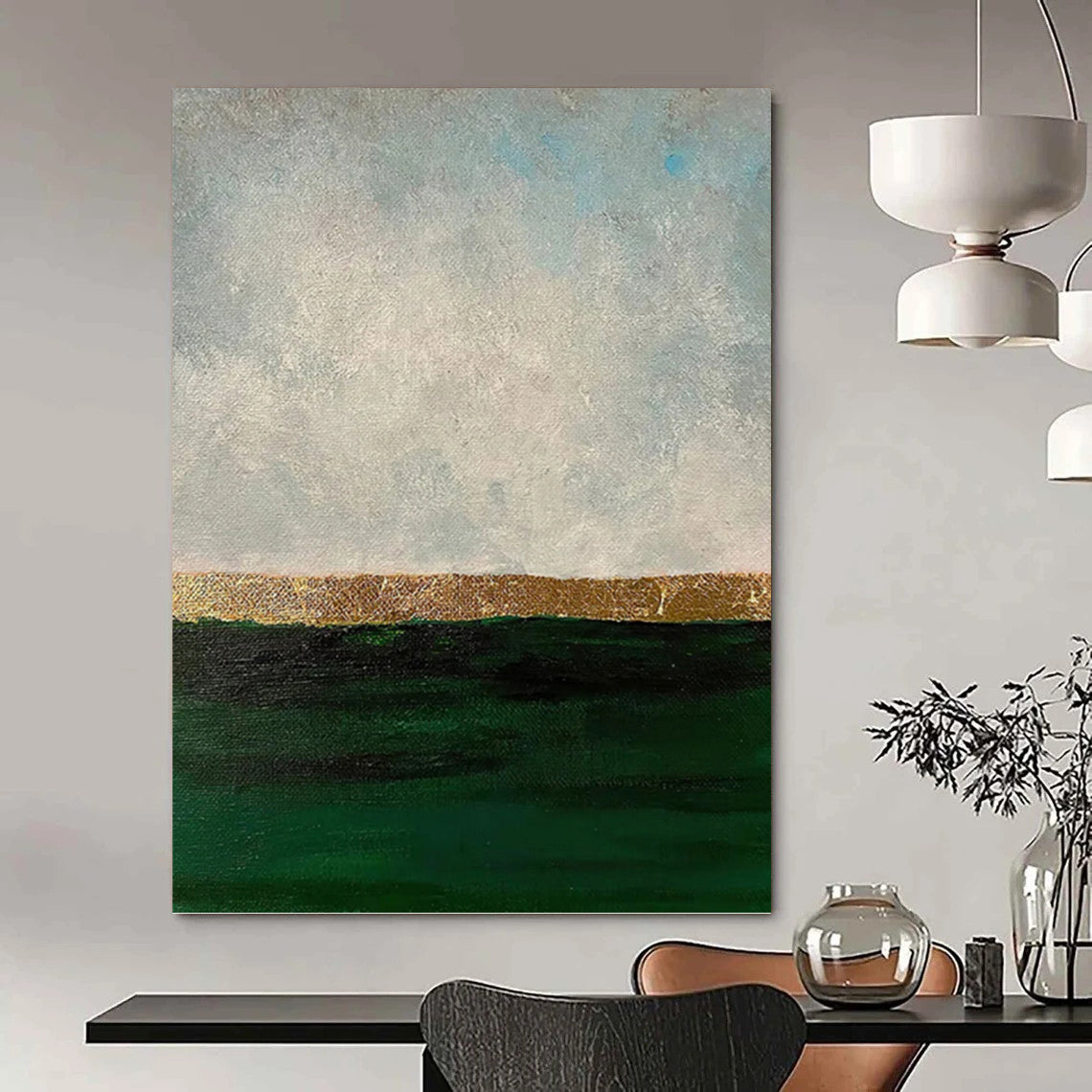 “Gold Horizon Over Green Sea” - Gray, Gold & Green Abstract Seascape Painting On Canvas DKH1206