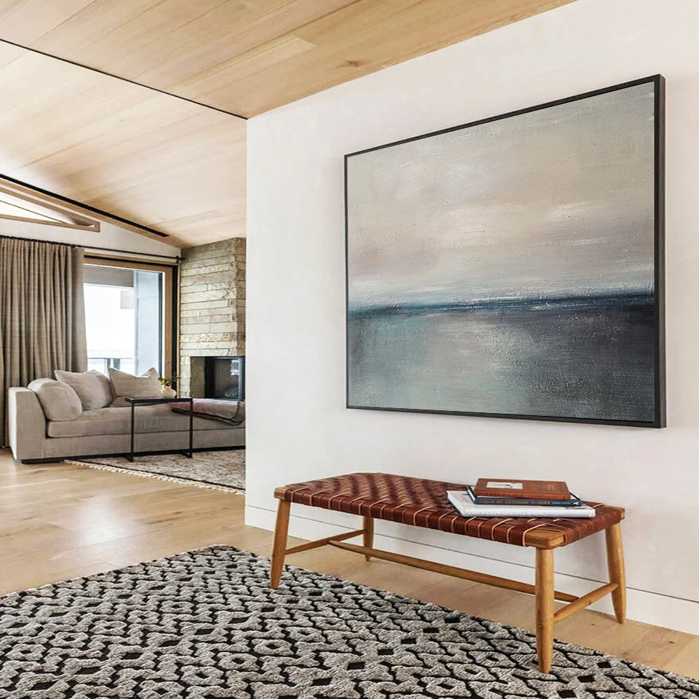 “Gray, Blue, Minimalist Horizon ‘Quiet Sea’” - Minimalist Seascape Painting On Canvas DLZ028