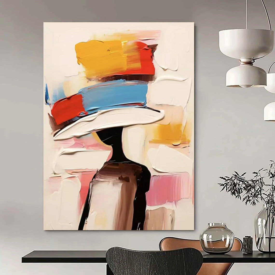 “Colorful, Abstract Hat ‘Fashionable Silhouette’” - Impasto Figurative Painting On Canvas DTP324