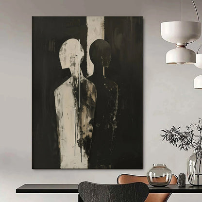 “Black and White Abstract Figures” – Expressionistic Oil Painting On Canvas CT2171