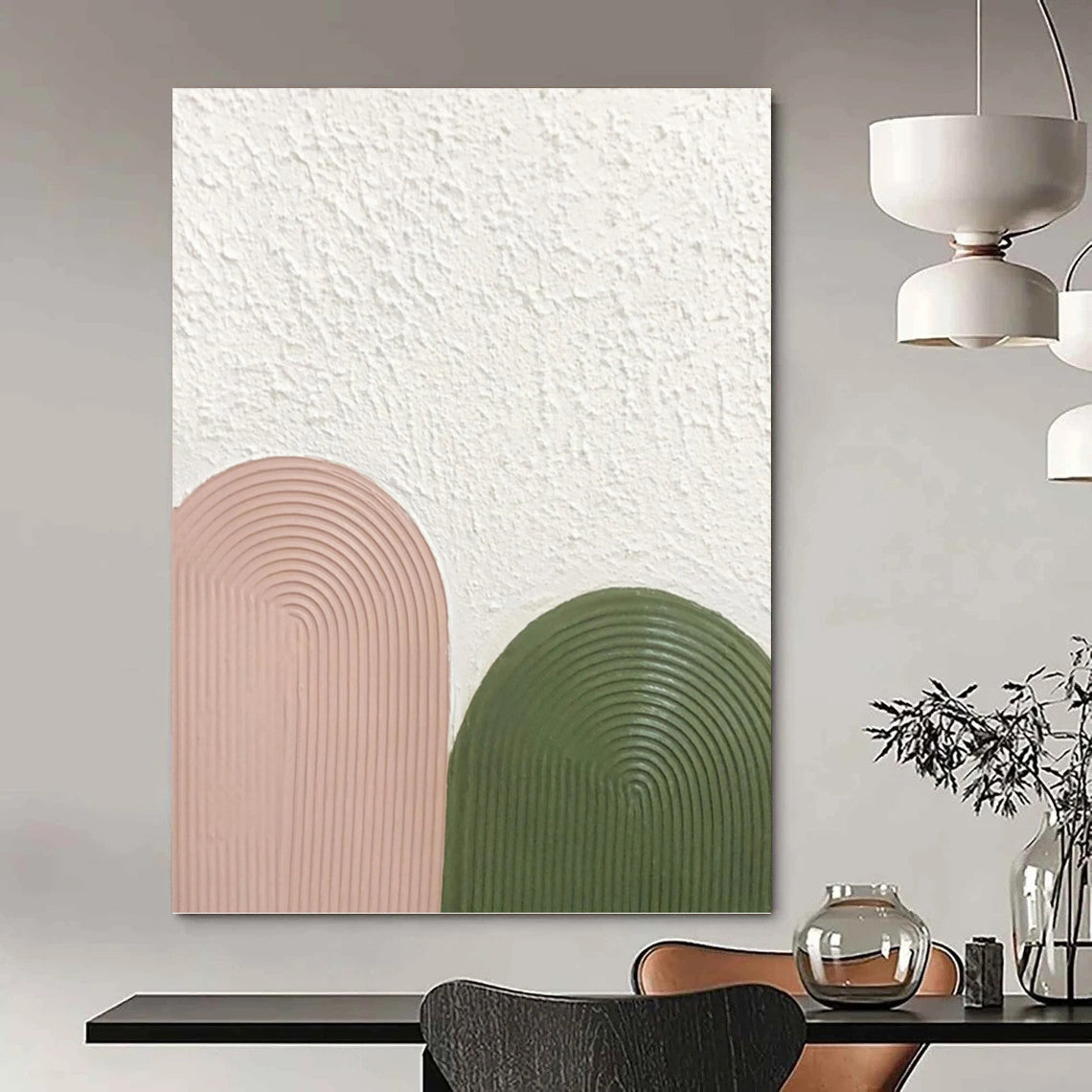 “Blush & Green Arches” - Pink, Green & White Textured Curves Painting On Canvas DKH1175