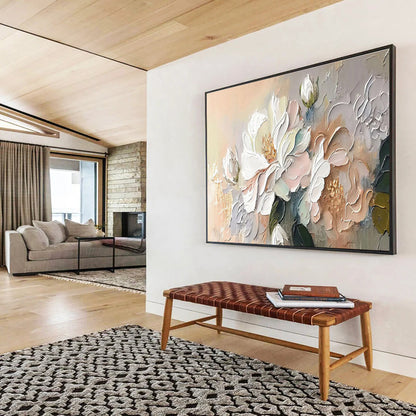 “Soft Blossom Touch” - White, Pink, Beige Textured Floral Impasto Painting On Canvas DKH713