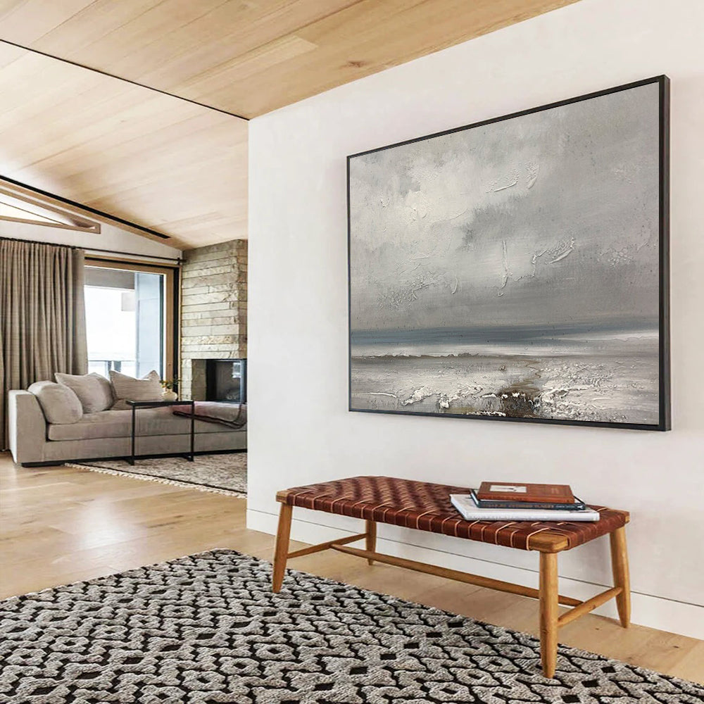 “Textured Gray Seaside” - Gray & Blue Impasto Coastal Painting On Canvas DLZ265