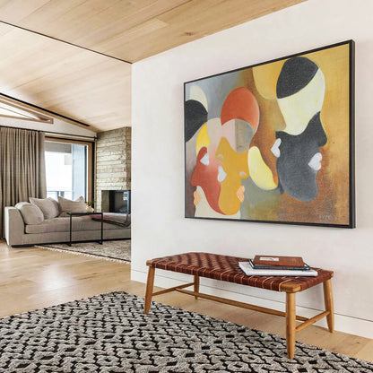 “Geometric Faces in Muted Hues - Reds, Yellows, and Blacks” Painting On Canvas DKH003