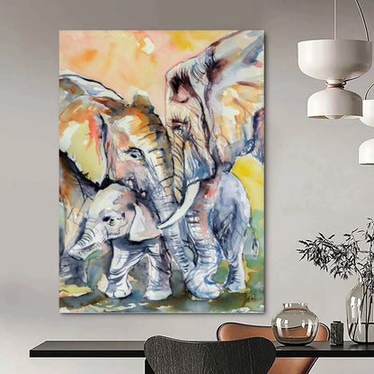 “Watercolor Elephant Herd” - Family - Themed Watercolor Painting On Canvas DKH1646