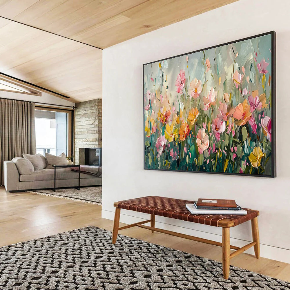 “Pastel Flower Field” - Soft - Hued, Textured Floral Impressionistic Painting On Canvas DKH709