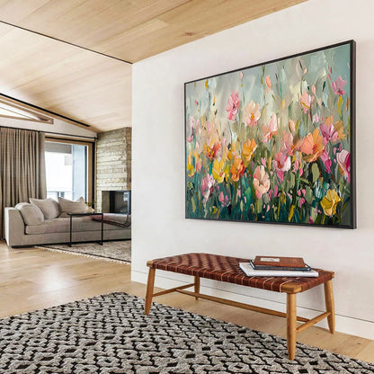 “Pastel Flower Field” - Soft - Hued, Textured Floral Impressionistic Painting On Canvas DKH709