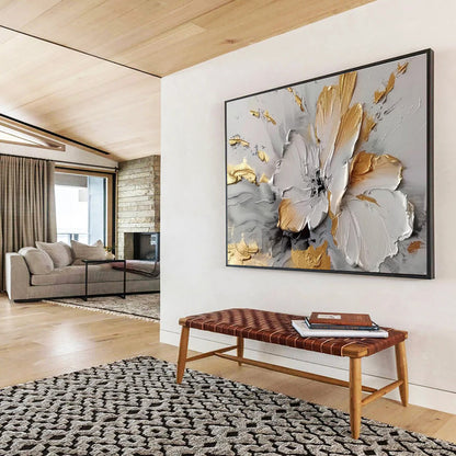 Gold - Accented White Flower in Relief Painting On Canvas DKH677