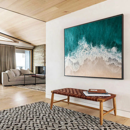 “Aerial Coastline” - Turquoise, White, Beige Seascape Textured Painting On Canvas DKH699