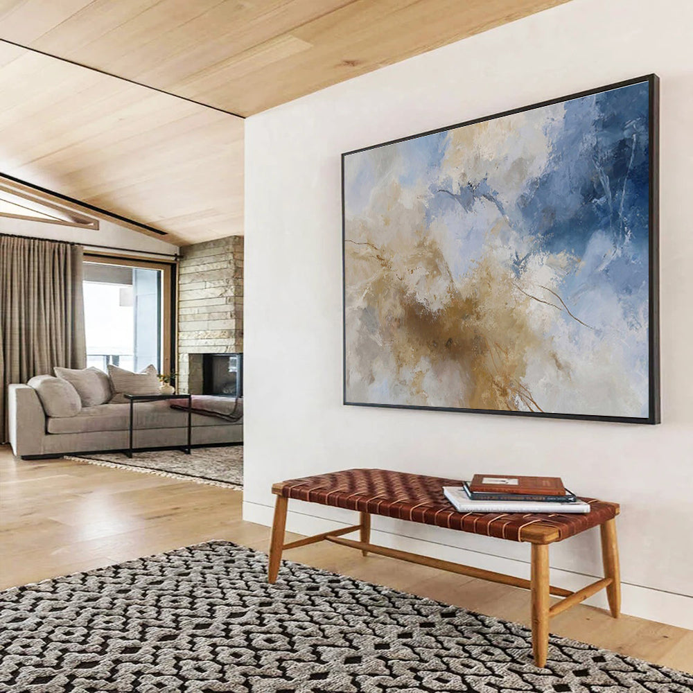 Blue, White, and Gold Abstract “Skyward Luxe Abstraction” Painting On Canvas DKH136