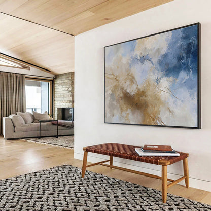 Blue, White, and Gold Abstract “Skyward Luxe Abstraction” Painting On Canvas DKH136