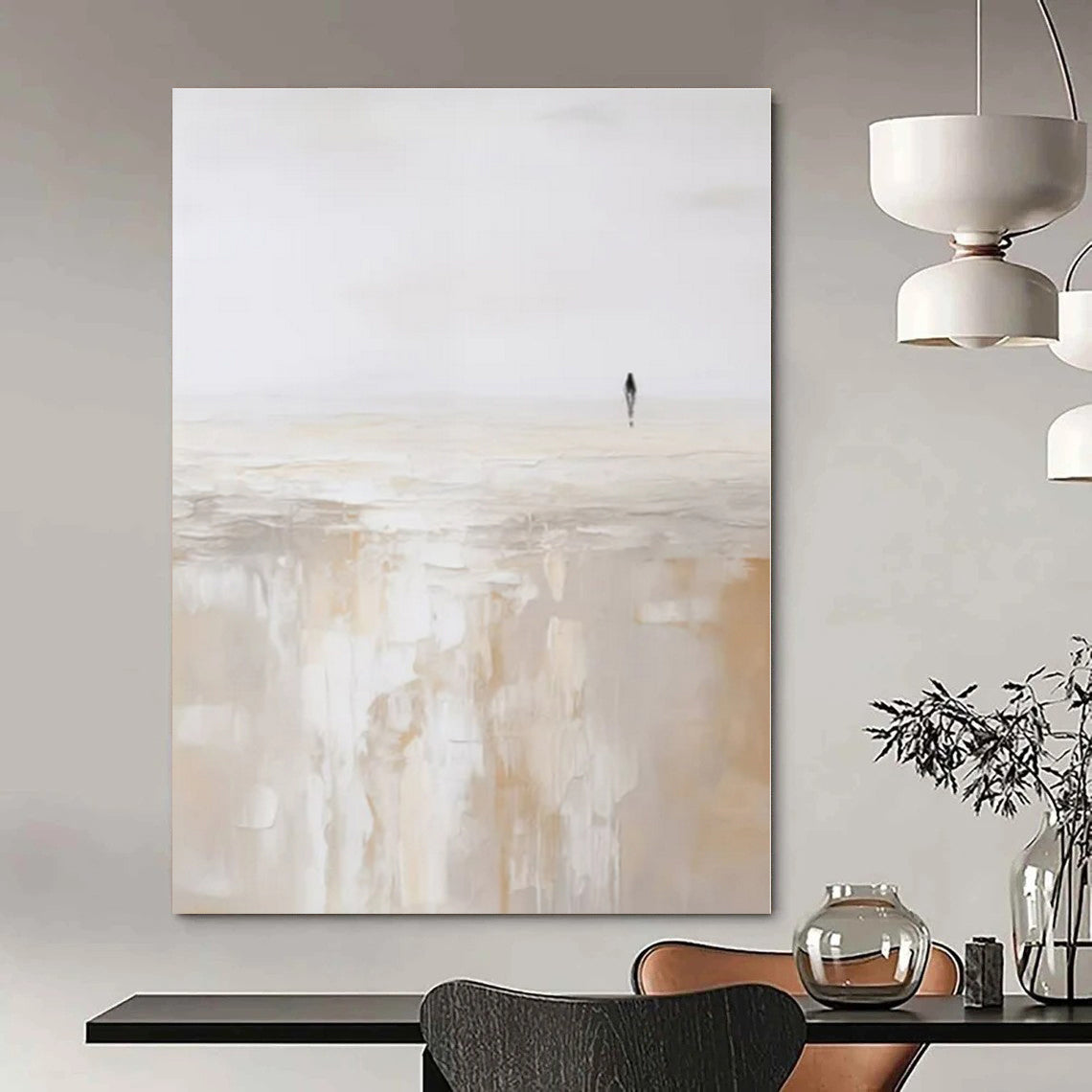 Solitary Figure on Beige Horizon - Minimalist Abstract Oil On Canvas CT1312