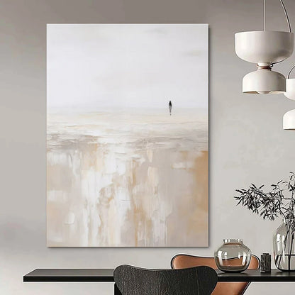 Solitary Figure on Beige Horizon - Minimalist Abstract Oil On Canvas CT1312