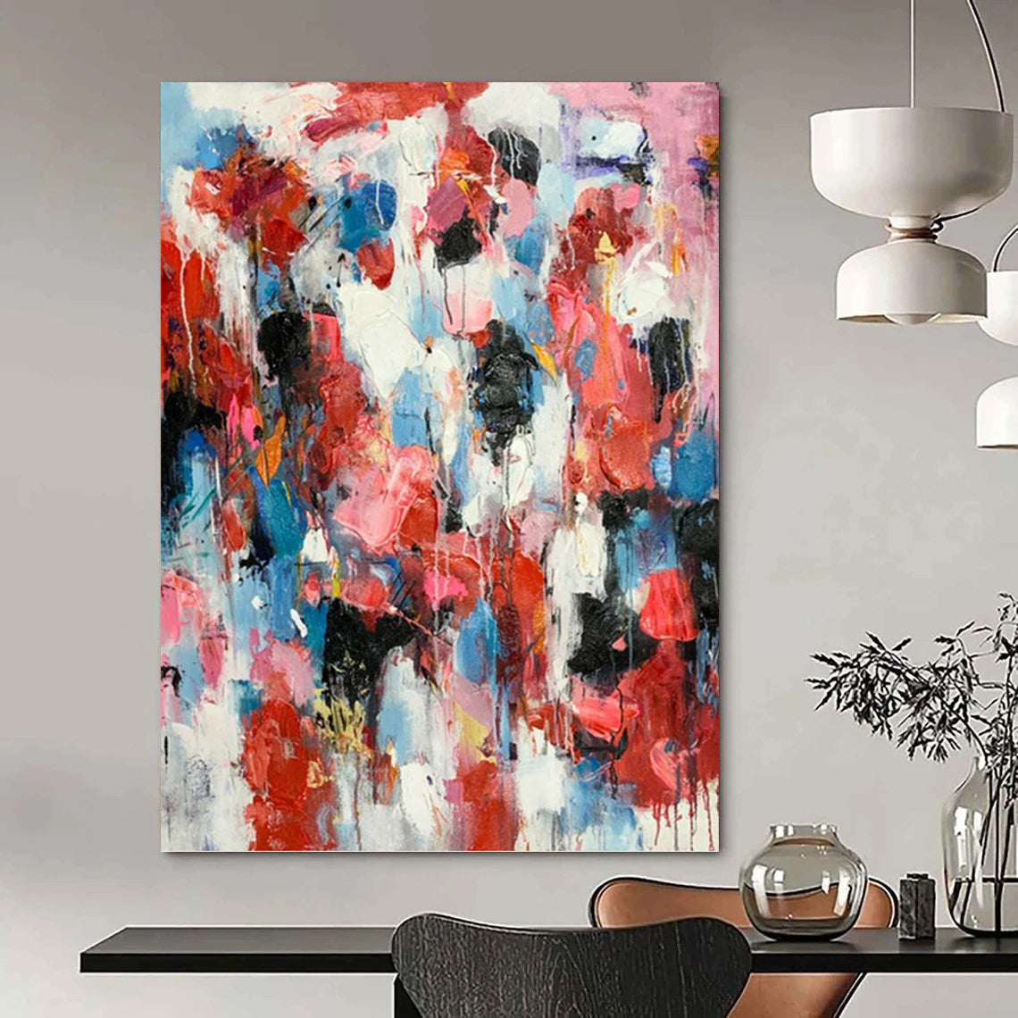“Crimson & Blue Drip Symphony” - Red & Blue Abstract Expressionist Drip Painting On Canvas DKH1585