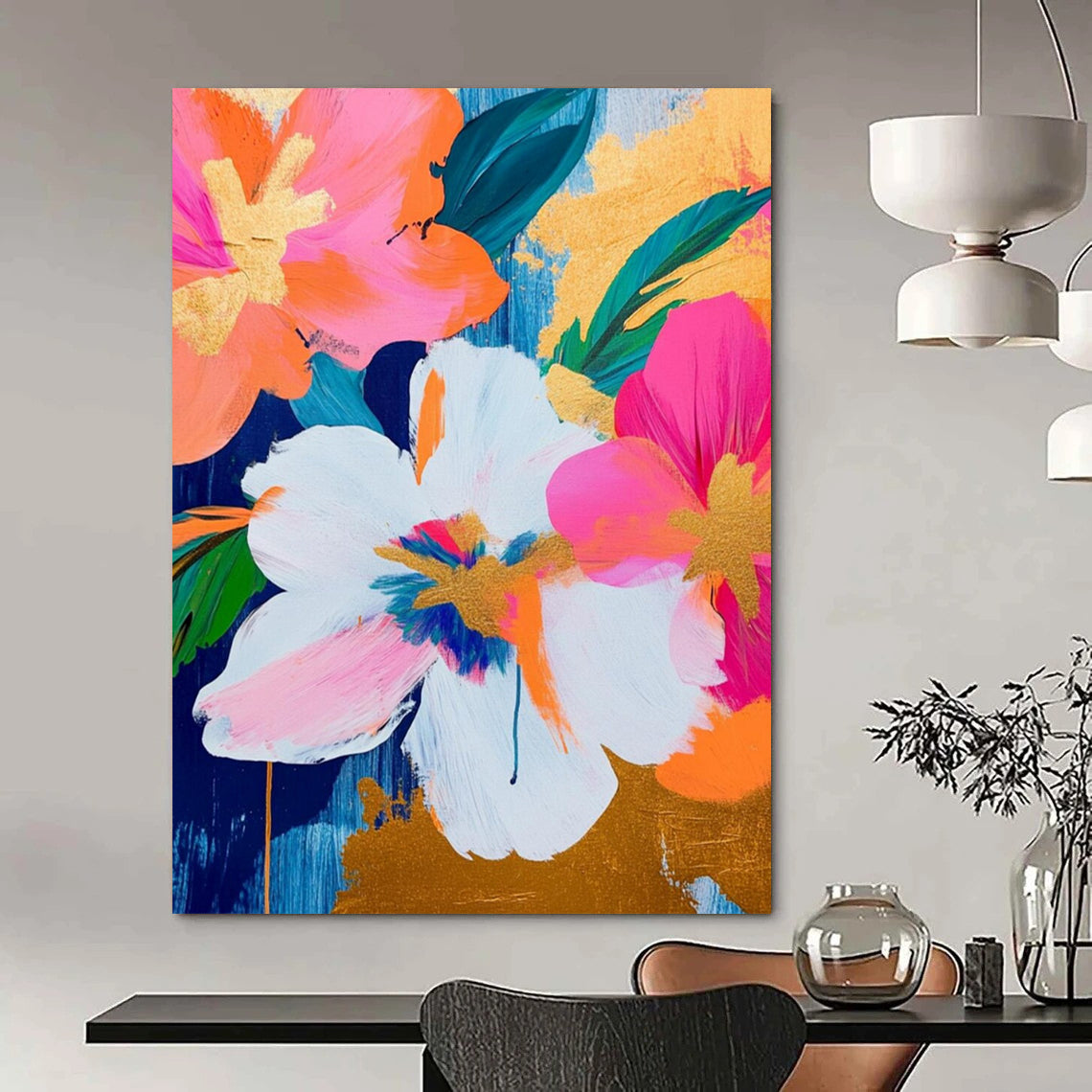 “Pink - Orange Gold Florals” - Pink, Orange, Gold Floral Bouquet Painting On Canvas DTP284