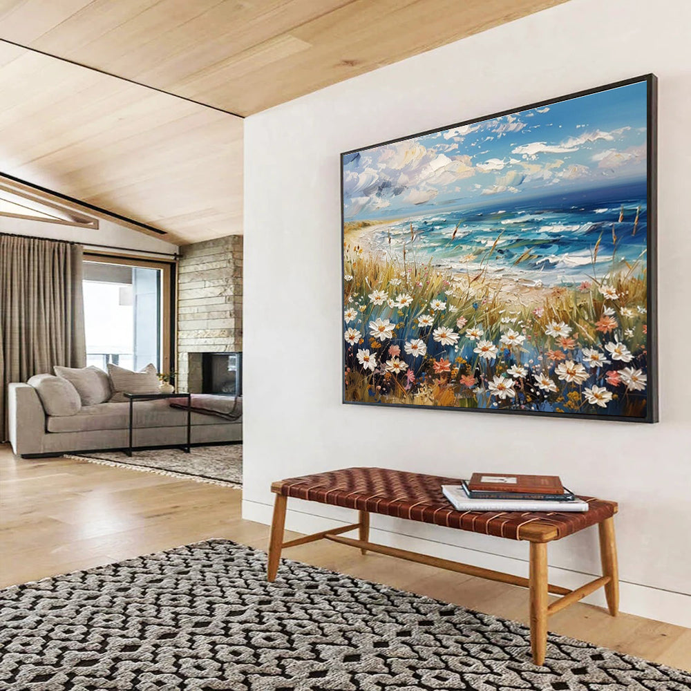 “Seaside Wildflowers”：Impasto Coastal Landscape Painting On Canvas DKH255