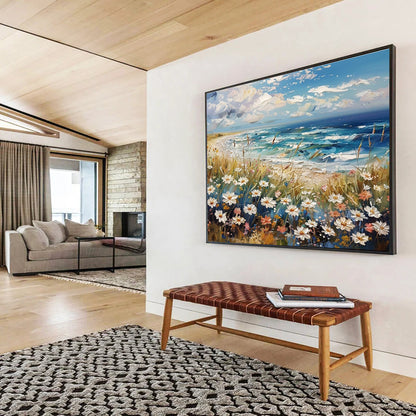 “Seaside Wildflowers”：Impasto Coastal Landscape Painting On Canvas DKH255