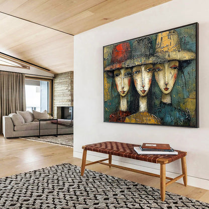 “Textured Trio of Faces” - Earthy Multicolor Portrait Painting On Canvas DKH763