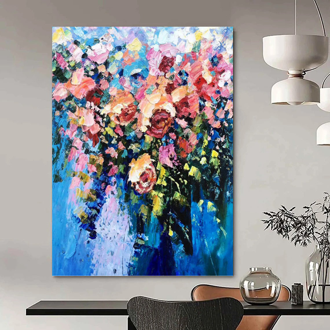 Vibrant Floral Bouquet in Blue Vase - Impasto Flower Painting On Canvas DKH1349