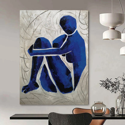 “Contemplative Blue” - Blue and Gray Abstract Figure Painting On Canvas DKH1569