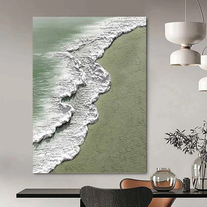 “Textured Beach Waves” - Green, White & Blue Textured Seascape Painting On Canvas DKH1200
