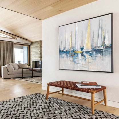 “Sailing in Style” - White, Gold & Blue Nautical Painting On Canvas DLZ257