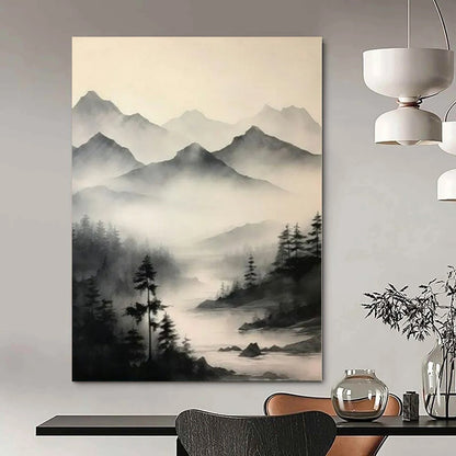 Misty Mountain Silhouettes - Monochromatic Landscape Art CT1212