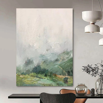 “Misty Valley” - Green, Gray & White Impressionistic Landscape Painting On Canvas DKH1541