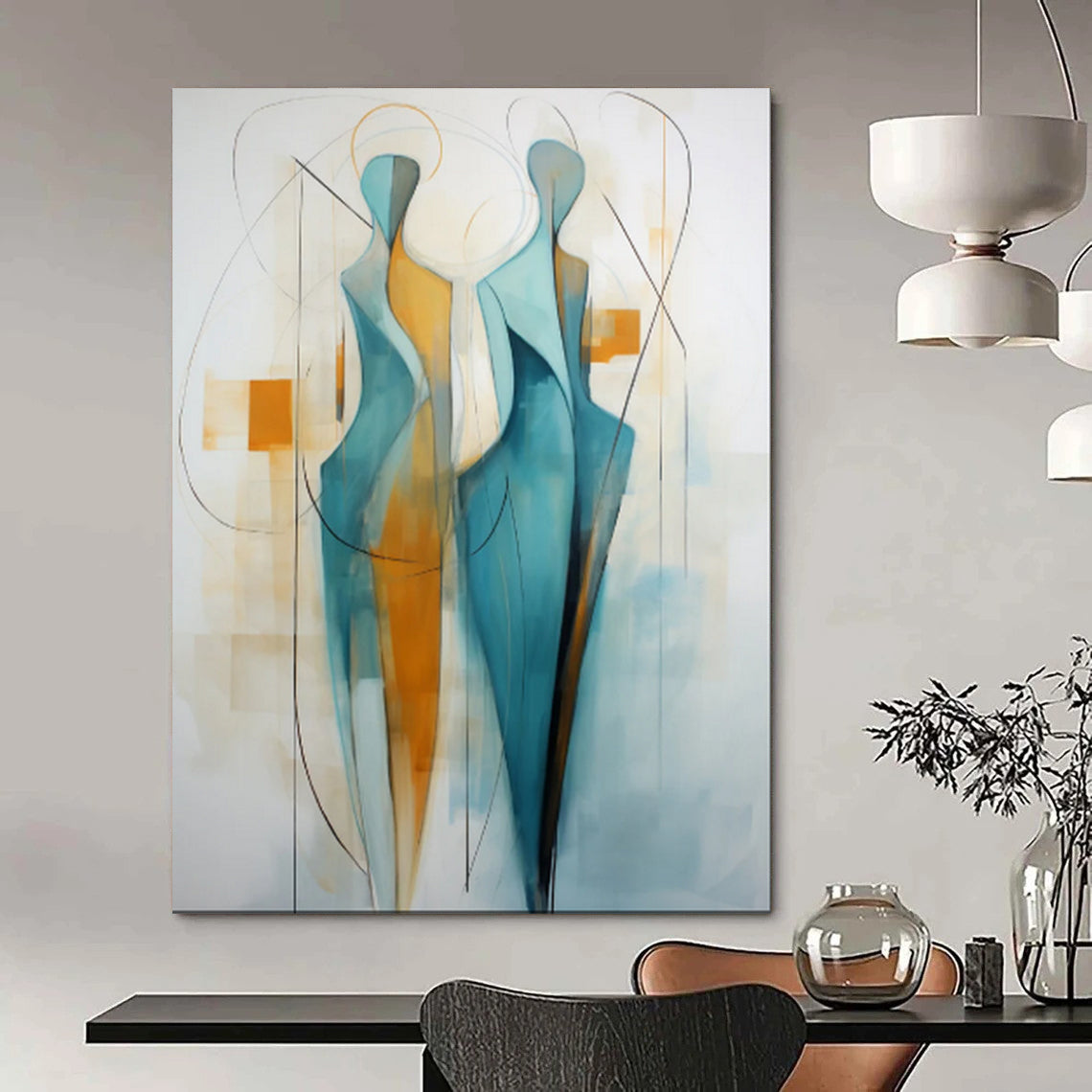 “Abstract Figures in Teal & Amber” - Modernist Figurative Acrylic on Canvas CT1888