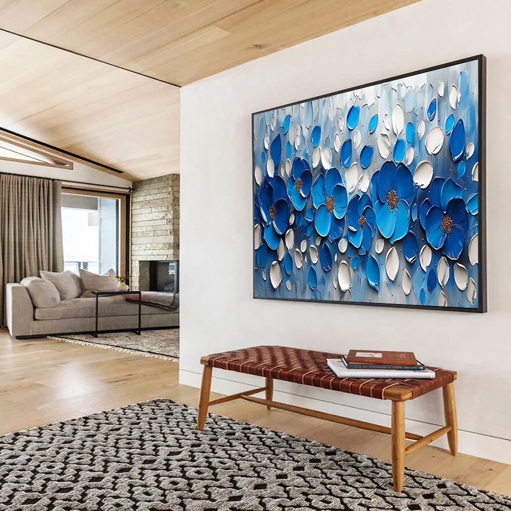 Blue and White Textured Flowers - 3D Botanical Painting On Canvas DLZ173