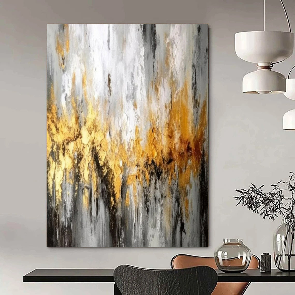 “Gold Streaks on Gray” ，Abstract Mixed - Media Art CT0923
