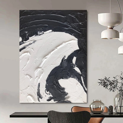 “Black, White Swirl ‘Yin - Yang Motion’” - Abstract Impasto Painting On Canvas DTP393