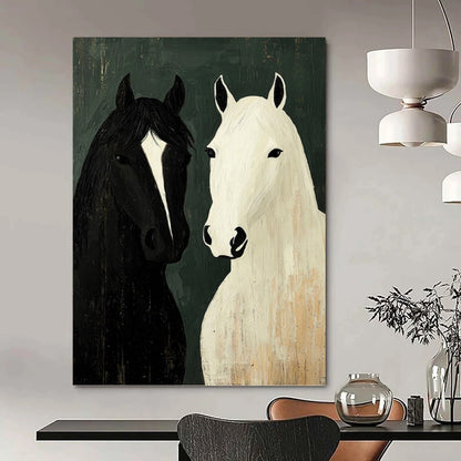 “Two Horses Portrait” - Black, White & Green Folk - Art - Style Painting On Canvas DKH1003