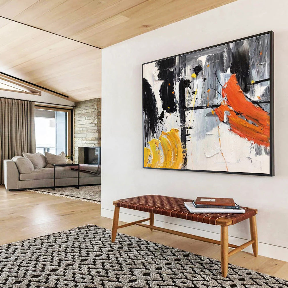 Abstract Black, White, and Orange Strokes Painting On Canvas DKH187