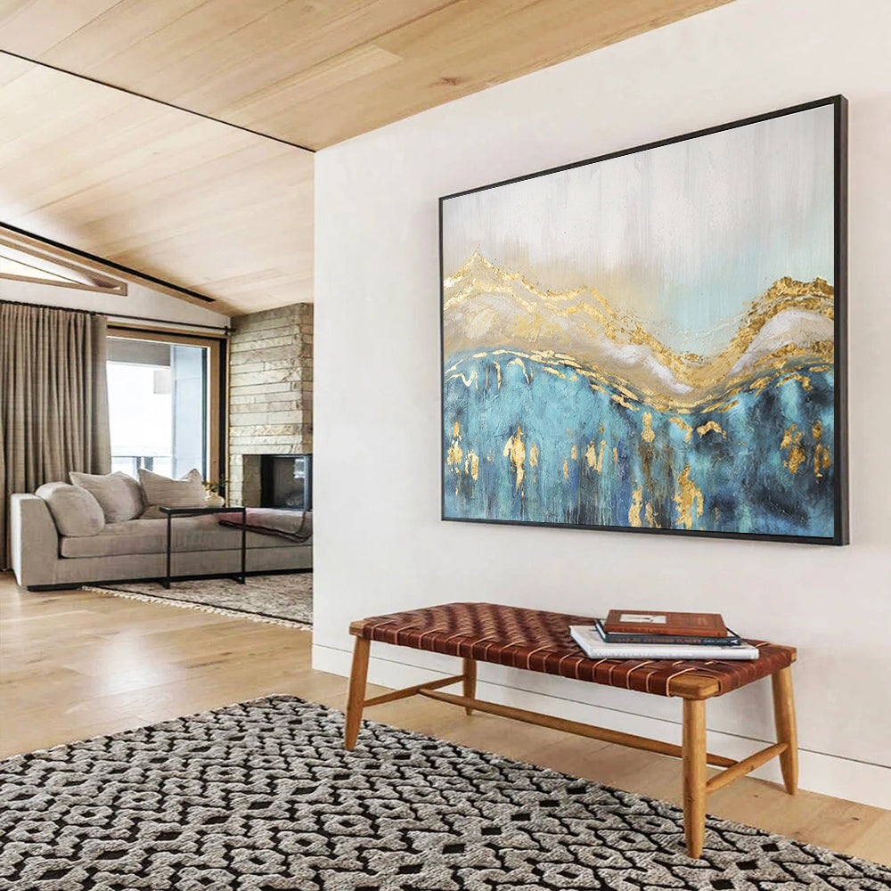 “Gilded Waves of Blue” - Blue, Gold, White Textured Abstract Painting On Canvas DKH733